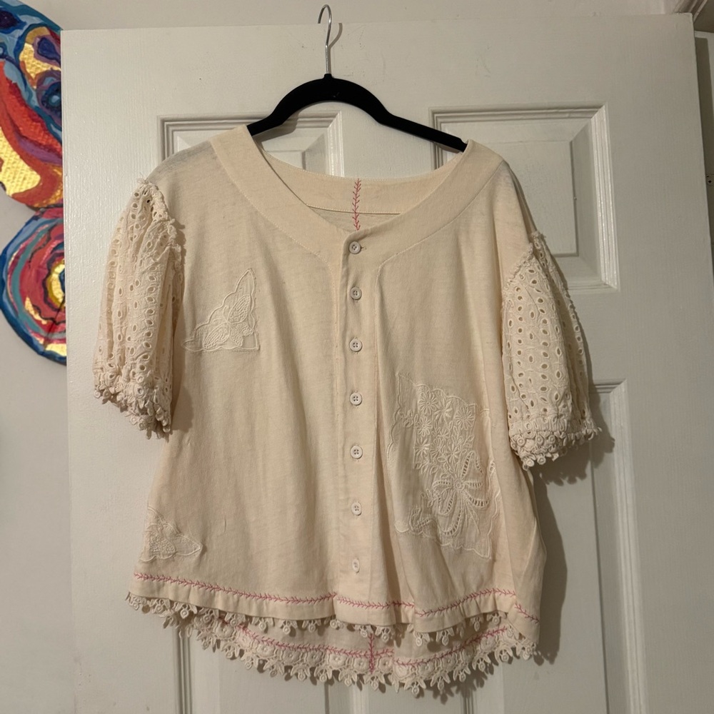 Free People Cream Eyelet Lace Button-Down Jersey Baseball Tee